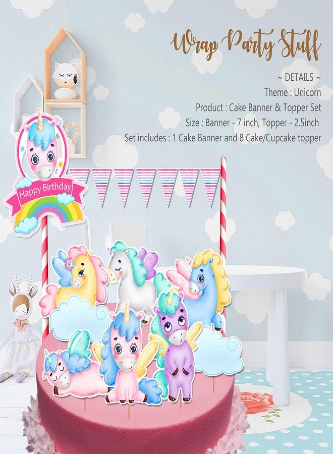 Suruchi Strokes Unicorn Theme Birthday Party Decoration | Banner | Hangings | Frill | Poster | Cake Topper | Gifts Tags | Combo | Eye Mask | Props (Cake Topper) - Image 1